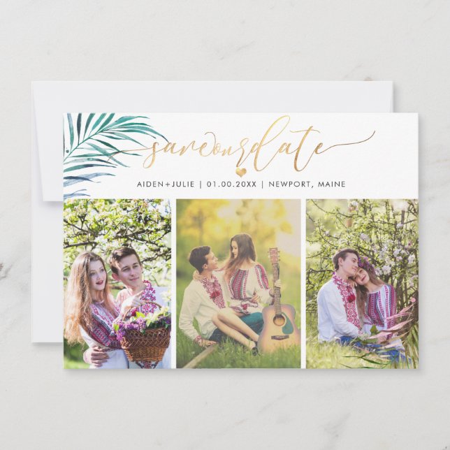 PixDezines Palm Fronds Faux Gold Modern Script Save The Date (Front)