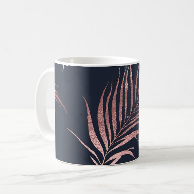 PIXDEZINES PALM FRONDS FAUX ROSE GOLD COFFEE MUG (Front Left)