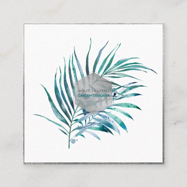 PixDezines PALM FRONDS, TEAL BLUE Square Business Card (Front)