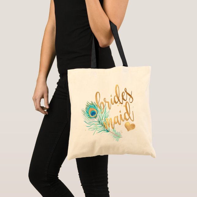 PixDezines Peacock Bridesmaid/Faux Gold Script Tote Bag (Front (Product))
