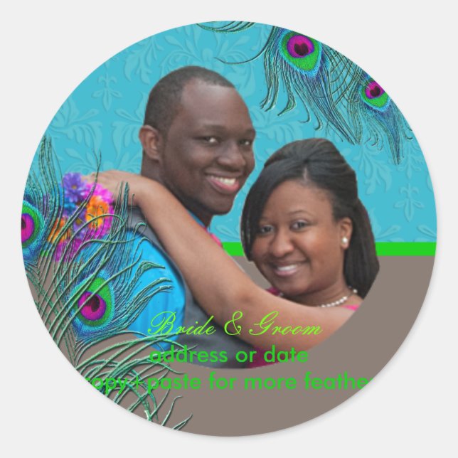 PixDezines Peacock Feather/diy background colour Classic Round Sticker (Front)