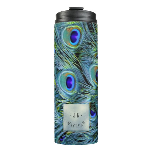 PixDezines Peacock Feather Dusty Blue Thermal Tumbler (Front)
