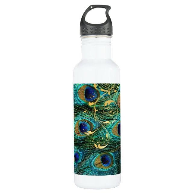 PixDezines Peacock Feather+filigree swirls 710 Ml Water Bottle (Front)