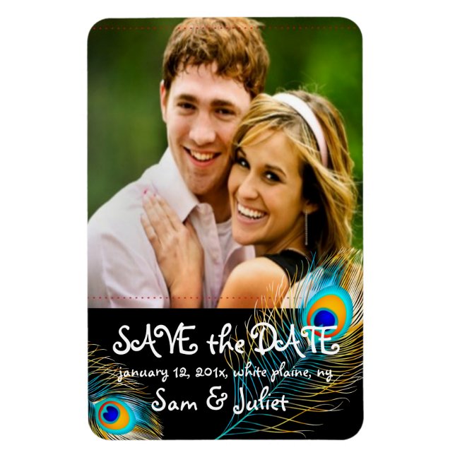 PixDezines peacock photo save date/DIY colour+font Magnet (Vertical)