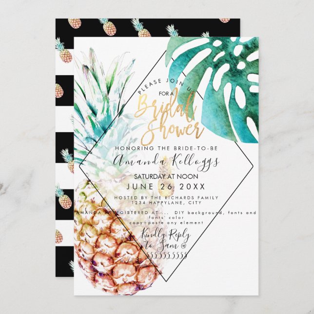 PixDezines Pineapple Bridal Shower+Monstera Invitation (Front/Back)