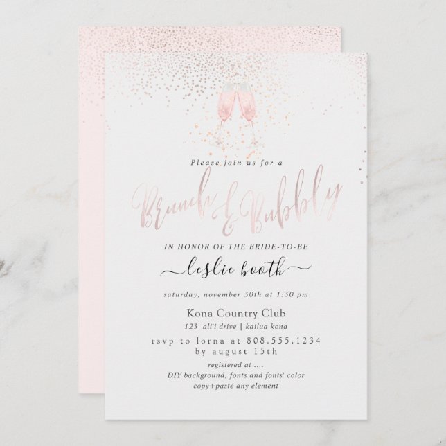 PixDezines Pink Champagne Bubbles Brunch+Bubbly Invitation (Front/Back)