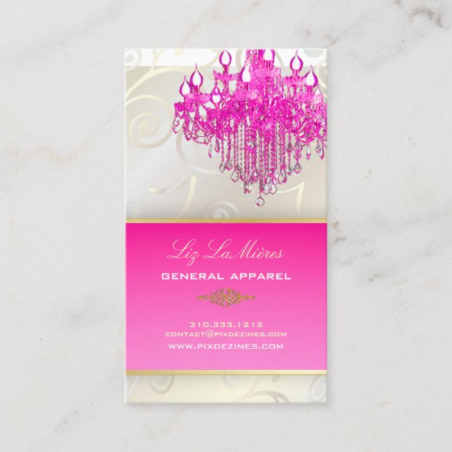 PixDezines PINK CRYSTAL CHANDELIER+CUPCAKE SWIRLS Business Card (Front)