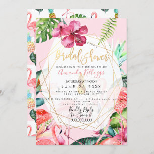 PixDezines Pink Flamigos Bridal Shower+Hibiscus Invitation