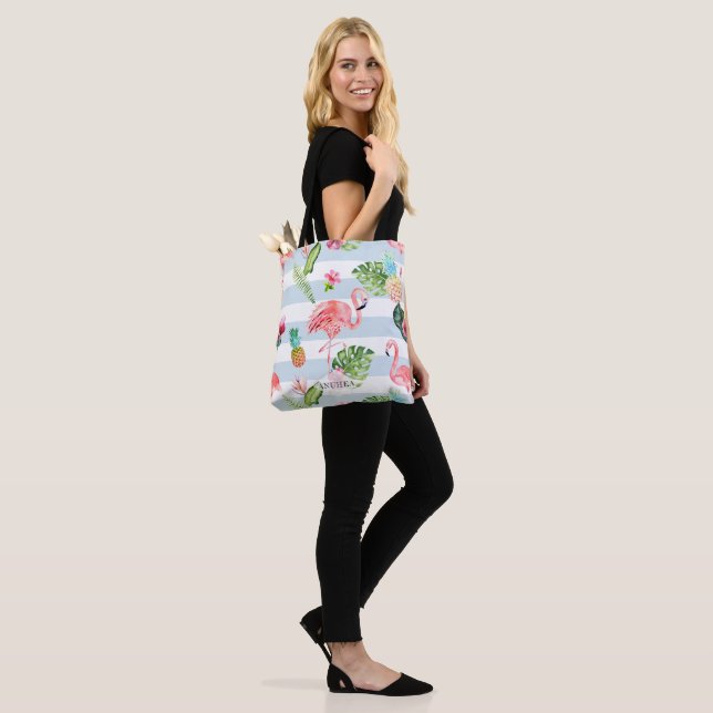 PixDezines Pink Flamingo+Floral Watercolor Tote Bag (On Model)