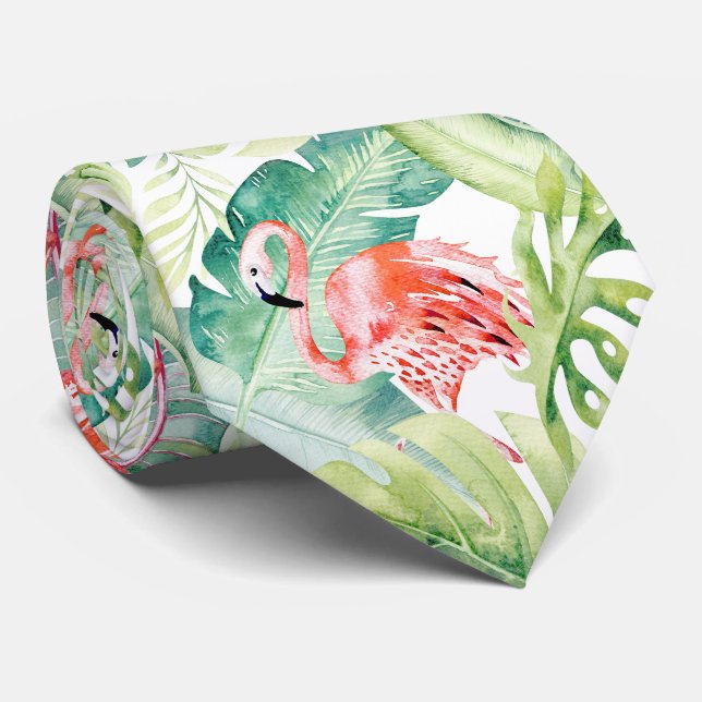 PixDezines Pink Flamingo+Tropical Foliage Tie (Rolled)