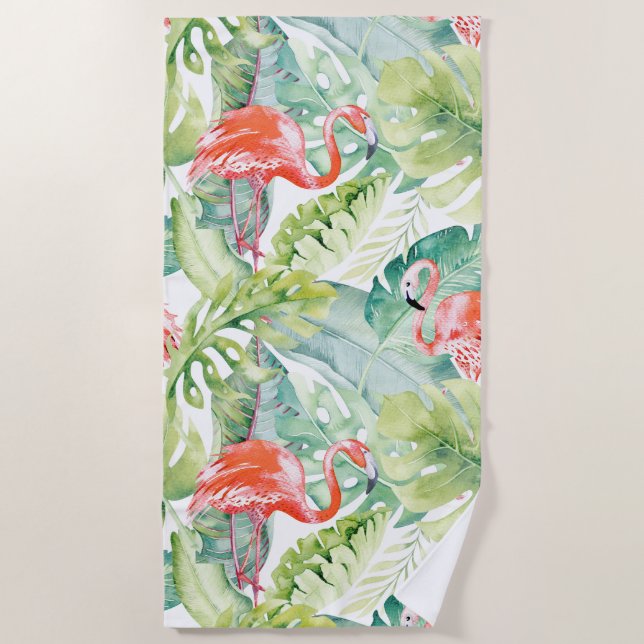 PIXDEZINES PINK FLAMINGOS TROPICAL FOLIAGE BEACH TOWEL (Front)