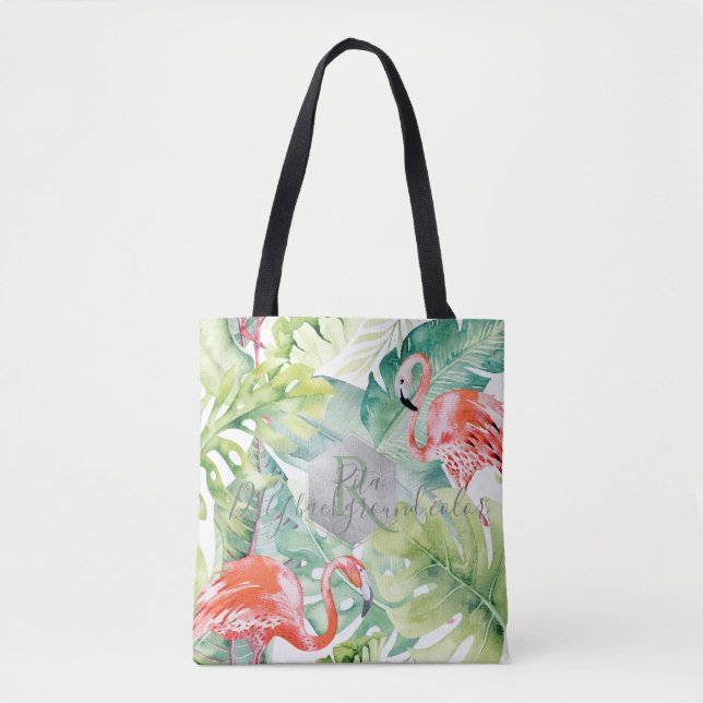 PixDezines Pink Flamingos+Tropical Greenery Tote Bag (Front)