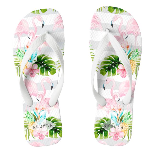PixDezines PINK FLAMINGOS, TROPICAL THEME Thongs (Footbed)