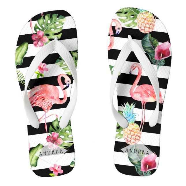 PixDezines PINK FLAMINGOS, TROPICAL THEME Thongs (Footbed)
