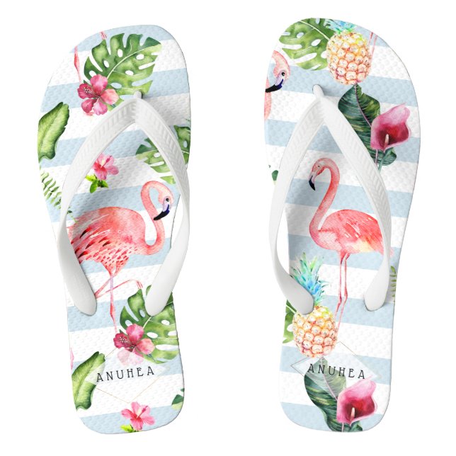 PixDezines PINK FLAMINGOS, TROPICAL THEME Thongs (Footbed)