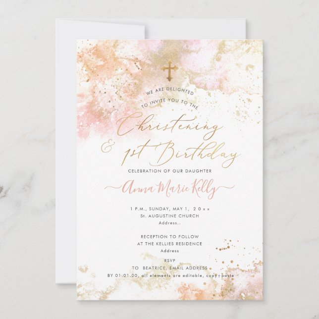 PixDezines Pink H2 Christening+1st Birthday Invita Invitation (Front)