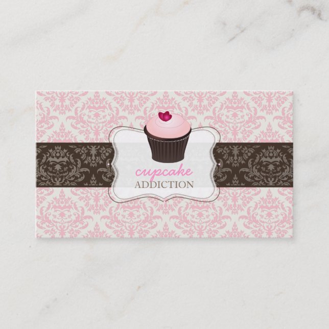 PixDezines pink heart cupcake+celine damask Business Card (Front)