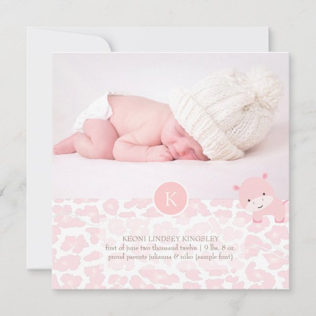 PixDezines pink hippo+leopard birth announcement (Front)