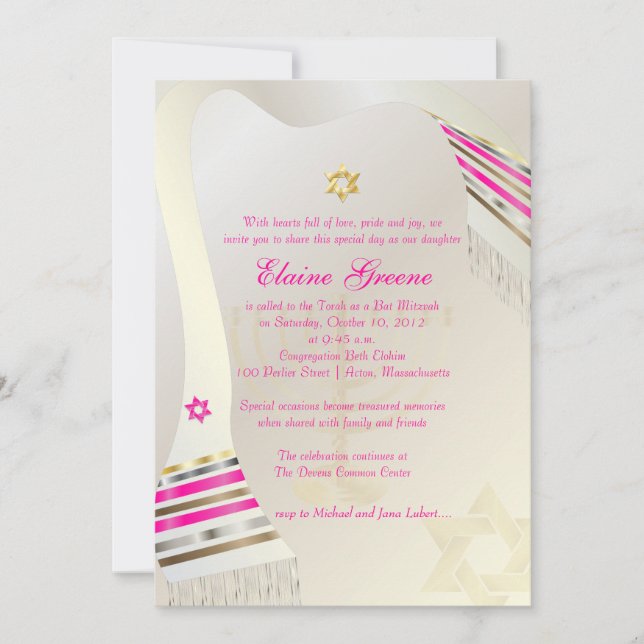 PixDezines Pink Tallit/Bat Mitzvah Invitation (Front)