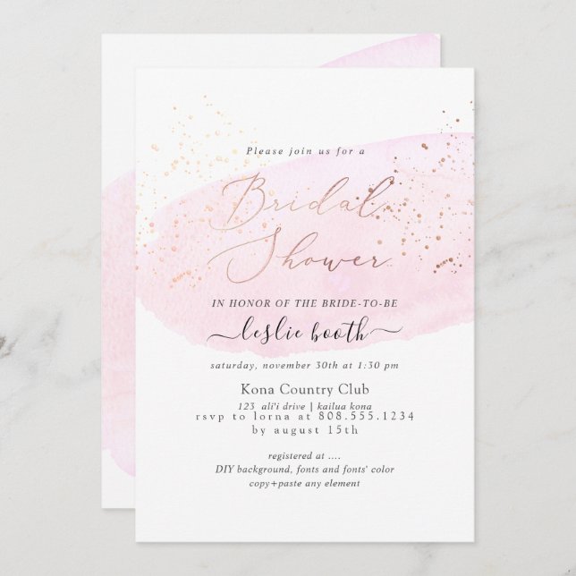 PixDezines Pink Watercolor Champagne Bridal Shower Invitation (Front/Back)