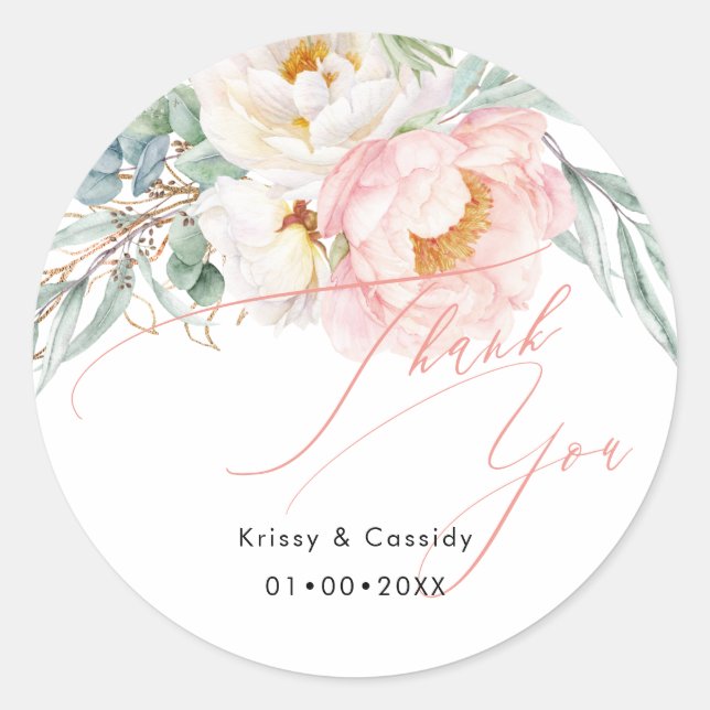 PixDezines Pink White Peonies Thank You Classic Round Sticker (Front)