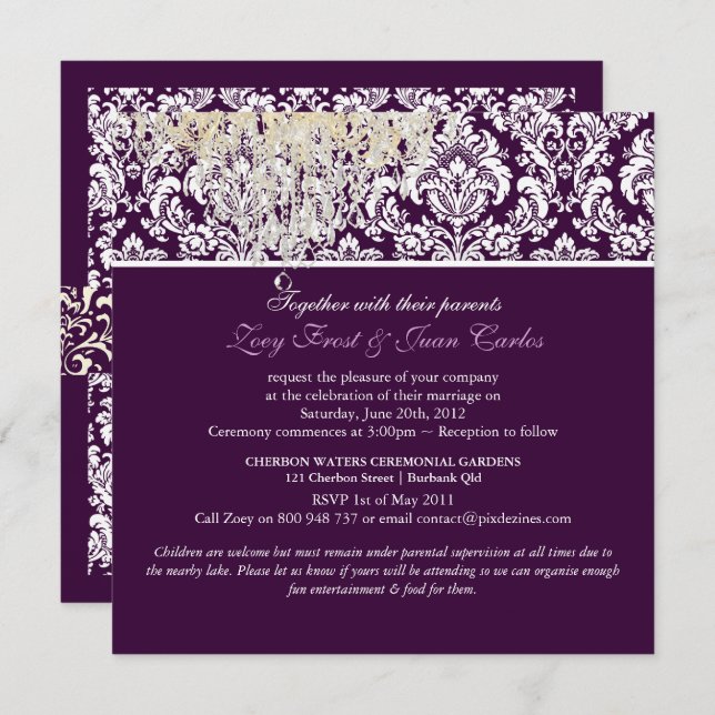 PixDezines Plum Moiré Damask/Crystal Chandelier Invitation (Front/Back)