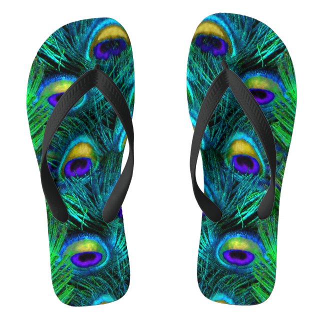PixDezines PSYCHEDELIC PEACOCK FEATHER, COBALT Thongs (Footbed)
