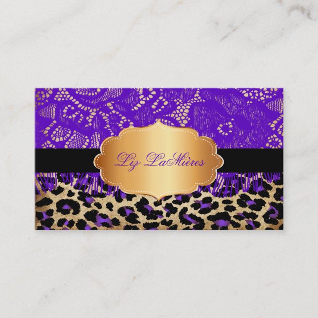 PixDezines purple vintage lace+cheetah Business Card (Front)