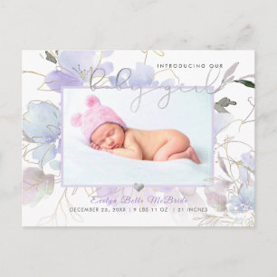 PixDezines Purple Watercolor flowers Girl Birth Postcard
