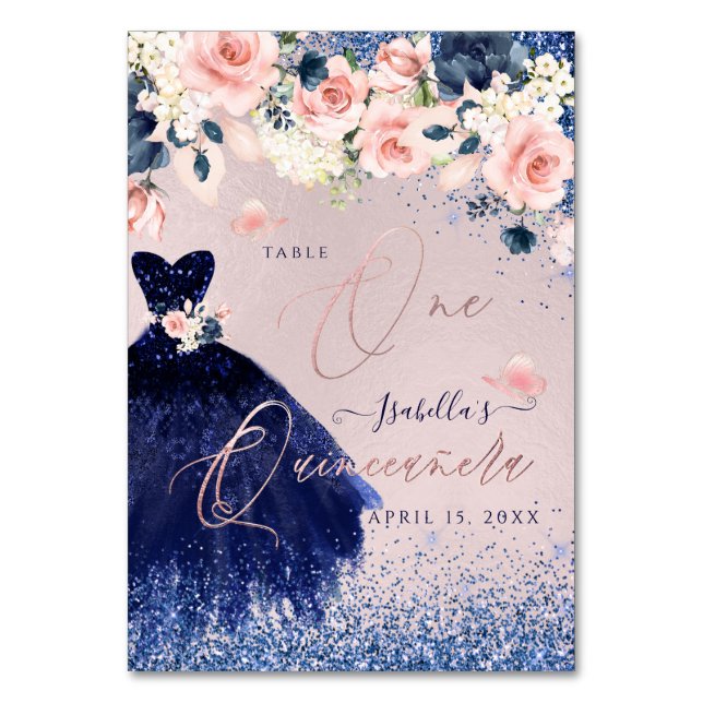 PixDezines Quinceanera Blush Navy Glitter Gown DIY Table Number (Front)