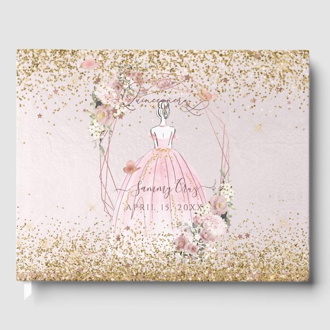 PixDezines Quinceanera Blush Pink Gold H2 Guest Book (Front)