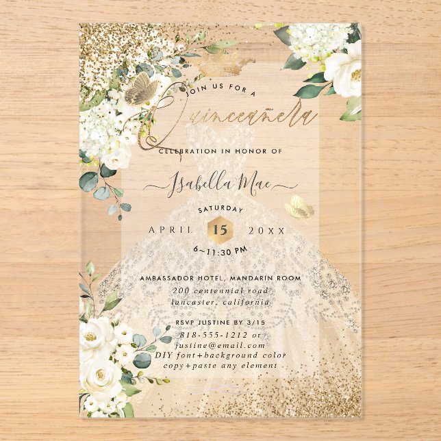 PixDezines Quinceanera Champagne Gold Glitter Gown Acrylic Invitations (Front)