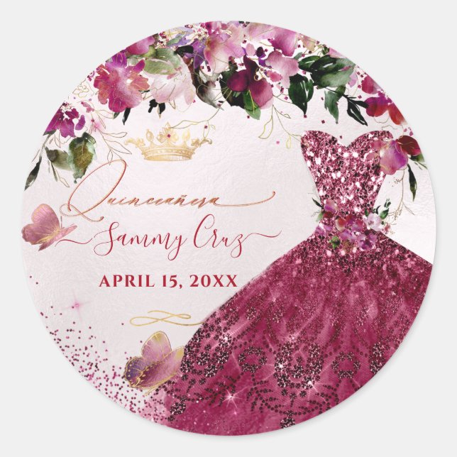 PixDezines Quinceanera Cherry Red Glitter Dress Classic Round Sticker (Front)