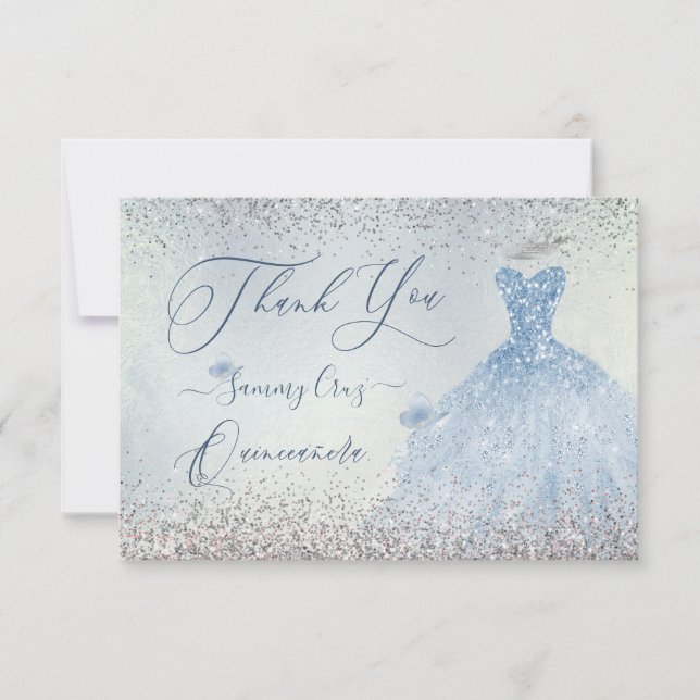 PixDezines Quinceanera Dusty Blue Dress Thank You Card (Front)