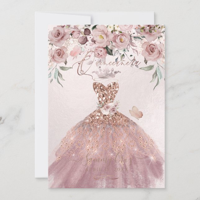 PixDezines Quinceanera Dusty Rose Glitter Gown Invitation (Front)