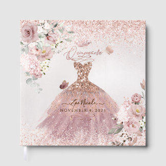 PixDezines Quinceanera Dusty Rose Gold Gown Guest Book