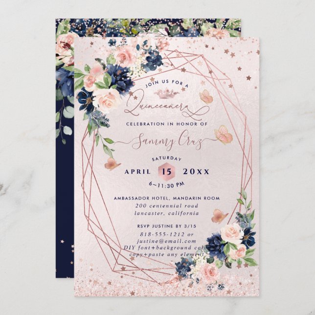PixDezines Quinceanera H2 Flowers Blush Navy Invitation (Front/Back)