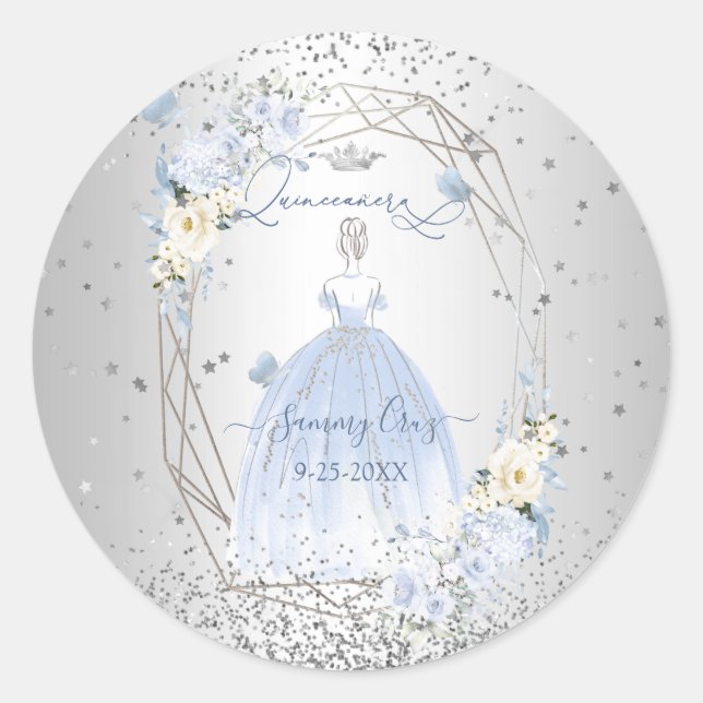PixDezines Quinceanera H2 Flowers Dusty Blue Roses Classic Round Sticker (Front)