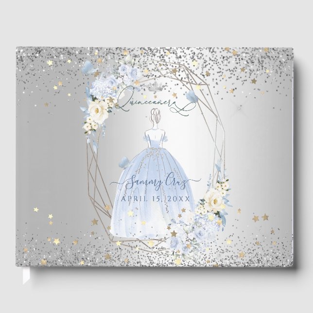 PixDezines Quinceanera H2 Flowers Dusty Blue Roses Guest Book (Front)