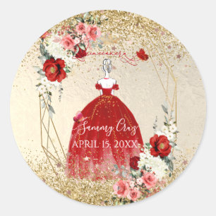 PixDezines Quinceanera H2 Flowers Red Dress  Classic Round Sticker