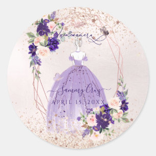 PixDezines Quinceanera Purple Rose Gold H2 Flowers Classic Round Sticker