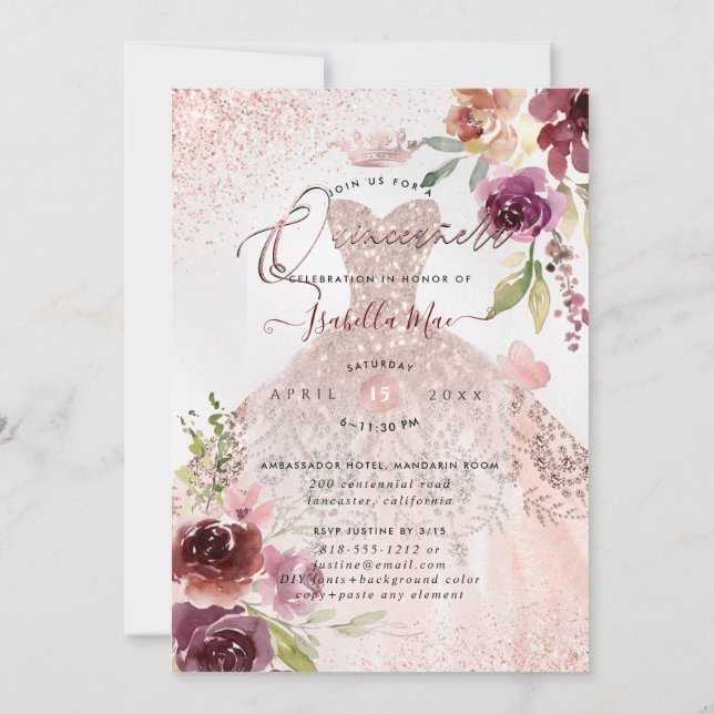 PixDezines Quinceanera Rose Gold Glitter Gown Invitation (Back)