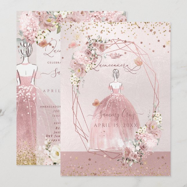 PixDezines Quinceanera Rose Gold H2 Flowers Dusty  Invitation (Front/Back)