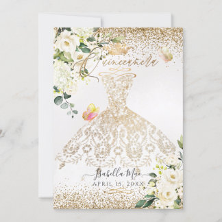 PixDezines Quinceanera White Gold Glitter Gown Invitation
