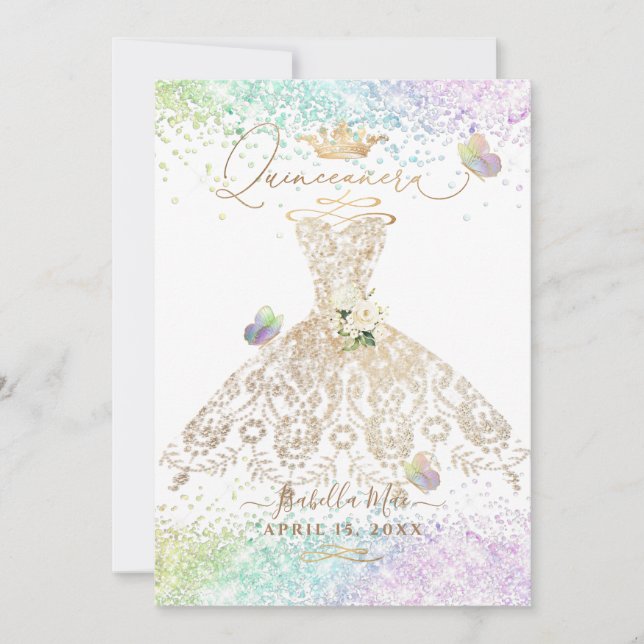 PixDezines Quinceanera White Gold Gown Butterflies Invitation (Front)