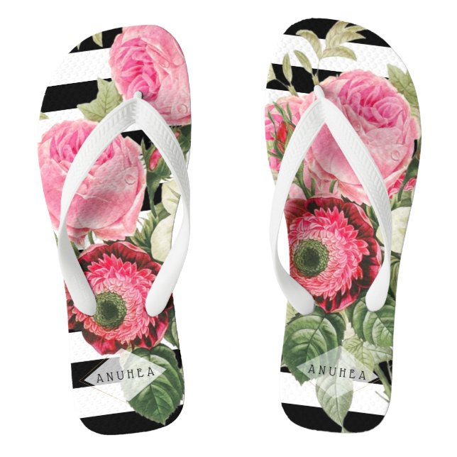 PixDezines REDOUTE PINK ROSES, ANEMONES, CLEMENTIS Thongs (Footbed)