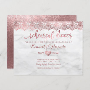 PixDezines Rehearsal Dinner/Rose Gold Lace/Marble Invitation