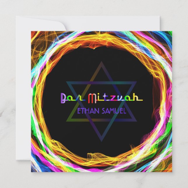 PixDezines Retro Neon Colour Rings Bar Mitzvah Invitation (Front)