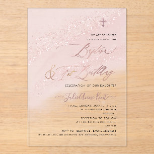 PixDezines Rose Gold Baptism+1st Birthday Acrylic Invitations