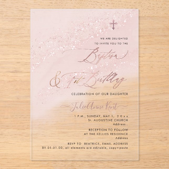 PixDezines Rose Gold Baptism+1st Birthday Acrylic Invitations (Front)